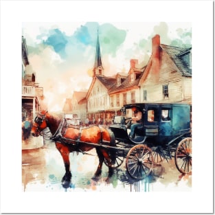 Artist illustration of an idealist town from the horse and buggy days. Posters and Art